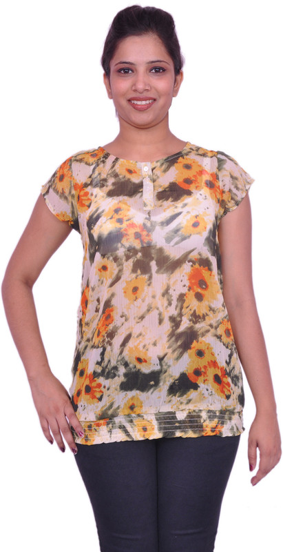 Jevaraz Casual Short Sleeve Floral Print Women Multicolor, Yellow Top