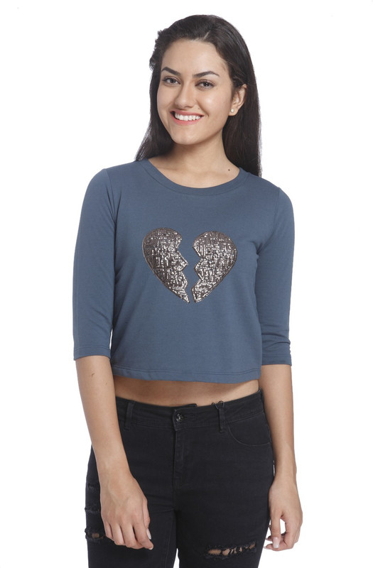 Only Casual 3/4 Sleeve Embellished Women Blue Top
