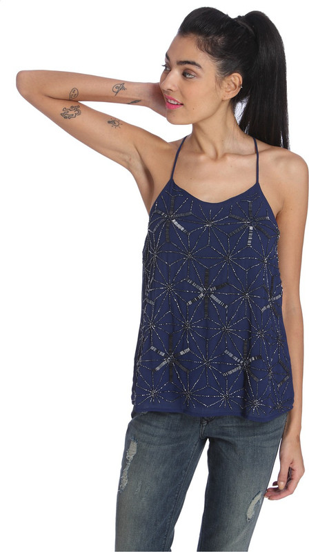 Only Casual Shoulder Strap Printed Women Blue Top