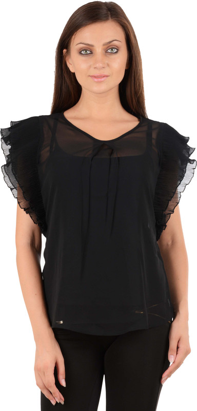 Sanchey Casual Butterfly Sleeve Solid Women Black Top