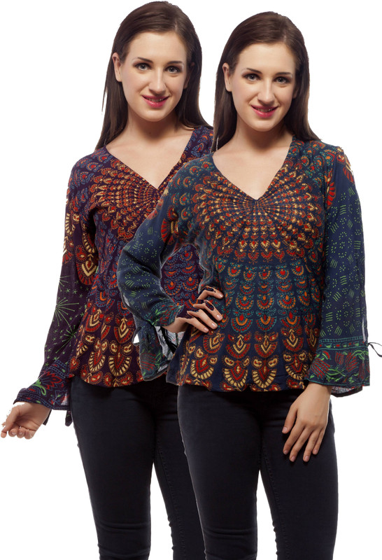 Indi Bargain Casual Full Sleeve Printed, Floral Print Women Dark Blue, Purple Top