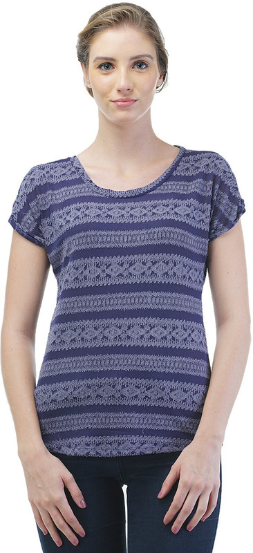 Merch21 Casual Short Sleeve Self Design Women Blue Top
