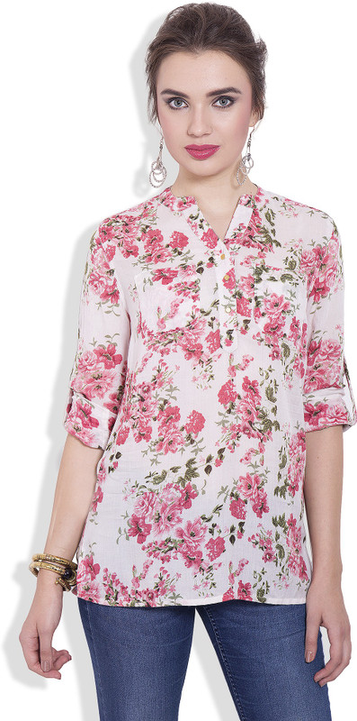 Pear Blossom Casual Roll-up Sleeve Floral Print Women Multicolor Top