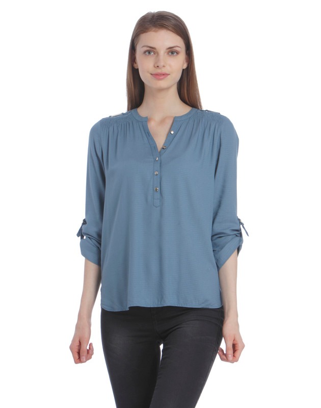 Only Casual Roll-up Sleeve Solid Women Light Blue Top