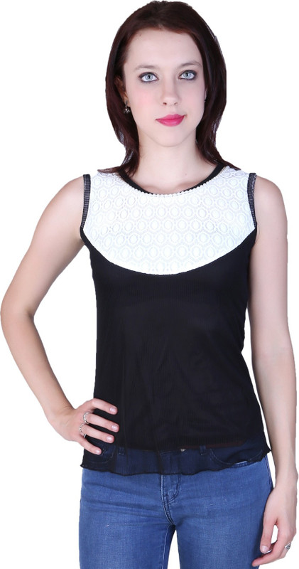 Zavi Casual Sleeveless Solid Women White, Black Top