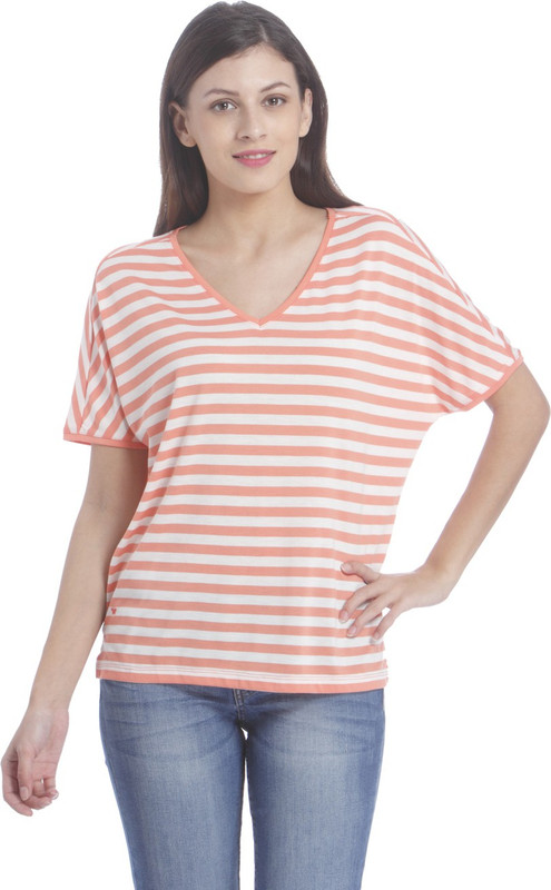 Only Casual Short Sleeve Striped Women White, Orange Top