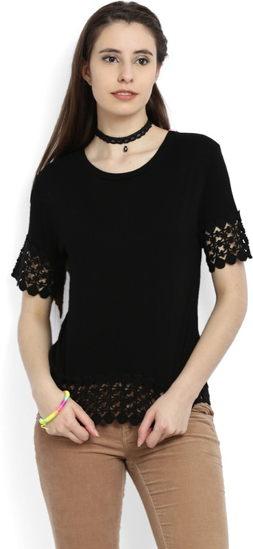 United Colors of Benetton Casual Short Sleeve Solid Women Black Top
