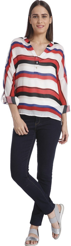 Vero Moda Casual Roll-up Sleeve Striped Women White Top