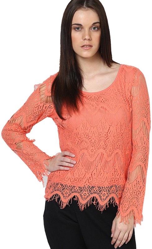 Only Casual Full Sleeve Self Design Women Orange Top