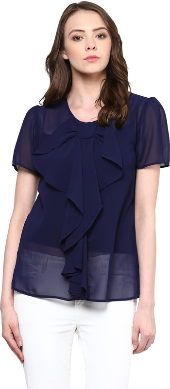 Rare Casual Short Sleeve Solid Women Dark Blue Top
