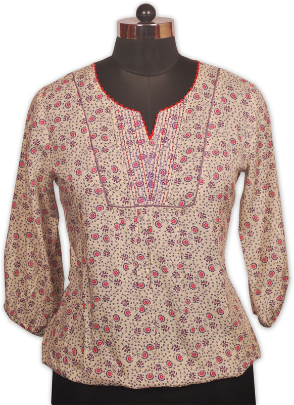 Indian Rain Casual 3/4 Sleeve Floral Print Women White Top