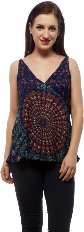 Indi Bargain Party Sleeveless Floral Print Women Blue, Green Top
