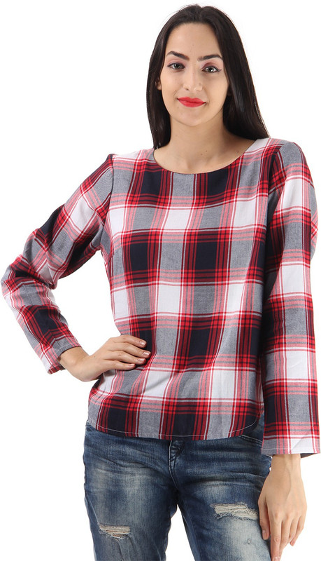 Only Casual Full Sleeve Checkered Women Red, Dark Blue Top