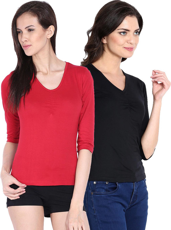 Espresso Casual Regular Sleeve Solid Women Red, Black Top