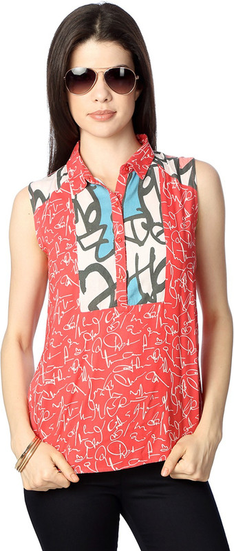 People Casual Sleeveless Printed Women Pink Top