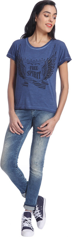 Only Casual Short Sleeve Printed Women Blue Top