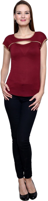 Trendsnu Casual Cap Sleeve Solid Women Maroon Top