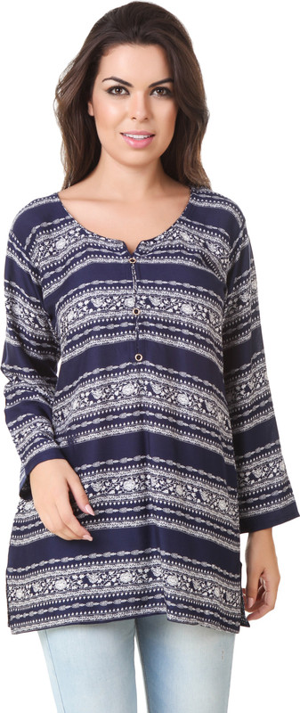 ASH Casual 3/4 Sleeve Printed Women Blue Top