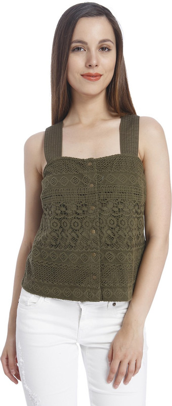 Vero Moda Casual Sleeveless Lace Women Dark Green Top