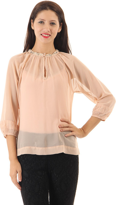 Vero Moda Casual 3/4 Sleeve Solid Women Beige Top