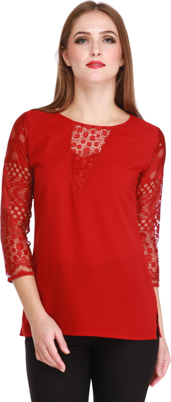 Cottinfab Casual 3/4 Sleeve Solid Women Red Top