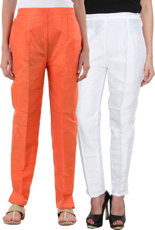 NumBrave Slim Fit Women White, Orange Trousers