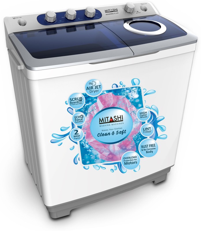 View Mitashi 8.5 kg Semi Automatic Top Load Washing Machine White, Grey 10% Off exclusive Offer Online(Appliances)