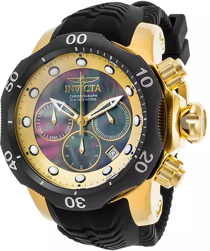 Invicta Venom Chronograph Black Silicone Black MOP Dial 18K GP SS Analog Watch - For Men