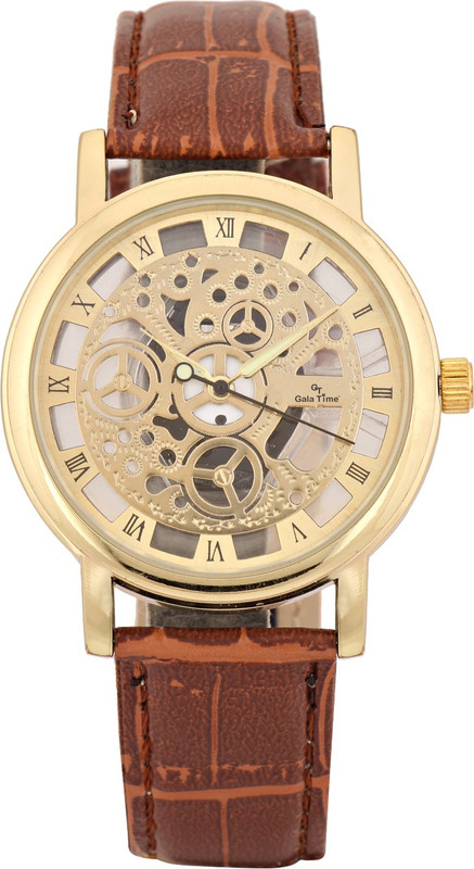 Gala Time Skeleton Gold Case Brown Leather Analog Watch - For Men