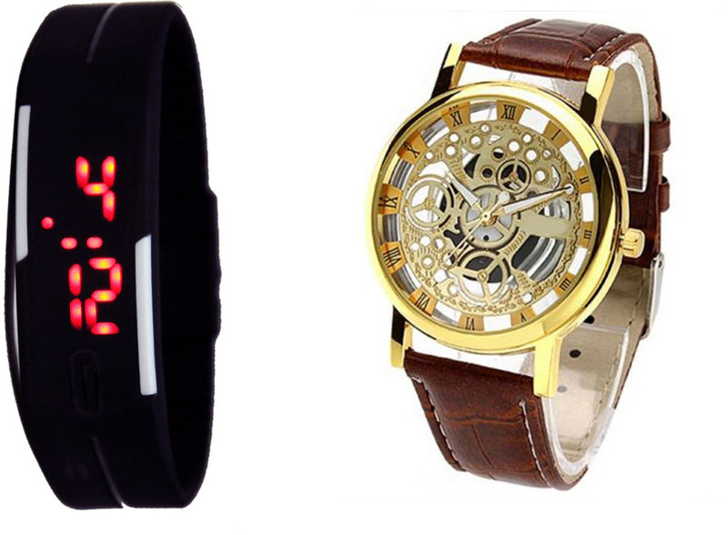 COSMIC BLACK MAGNET LED BAND AND TRANSPARENT BROWN Analog-Digital Watch - For Couple