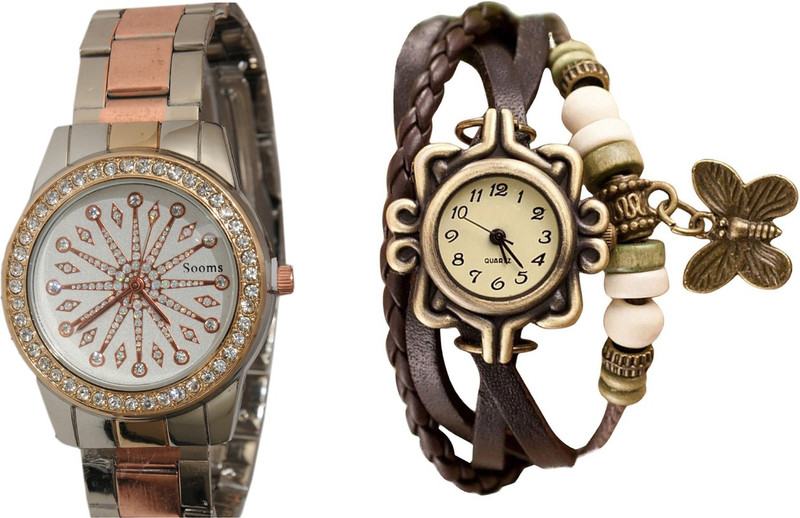 COSMIC Stainless Steel Diamond Studded Copper-Silver Theme Designer Woman Watch with Free Bracelet Watch X-70 Analog Watch - For Women