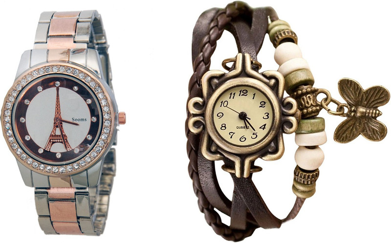 COSMIC Stainless Steel Diamond Studded Copper-Silver Theme Designer Woman Watch with Free Bracelet Watch X-500 Analog Watch - For Women