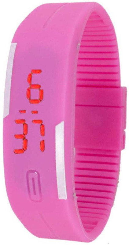 SS Led Magnet Rubber Wrist Band Pink Colour Digital Watch - For Men & Women