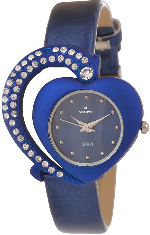 GT Gala Time Blue Leather Heart Shape Diamond Studded Analog Watch - For Women