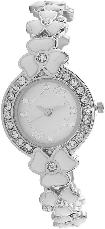 Rokcy Fancy Diamond's look Round Case & White Flower Style Chain White Dial Girls' Watch Analog Watch - For Girls