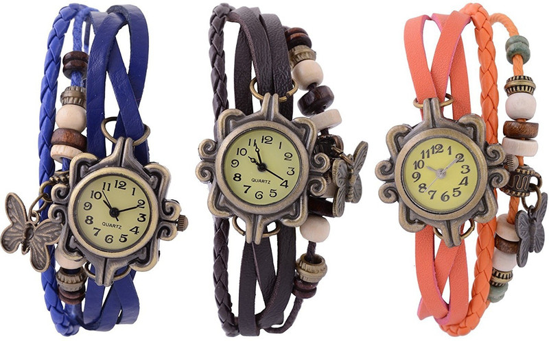 Rokcy Vintage Look Butterfly Analogue Beige Dial Girls' Watch Combo, Pack of 3 - BFLY_BROBU Analog Watch - For Girls