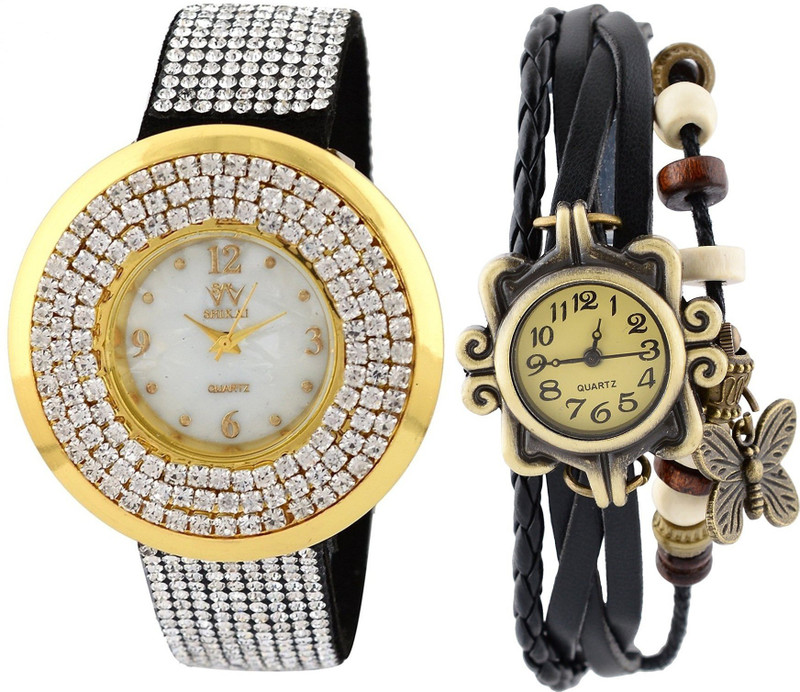 Genevaa Pack of 2 Designer Weddng Collection Full Diamond Studded & Vintage Black Butterfly Leather Analog Watch - For Women Genevaa Pack of 2 Designer Weddng Collection Full Diamond Studded & Vintage Black Butterfly Leather Analog Watch - For Women