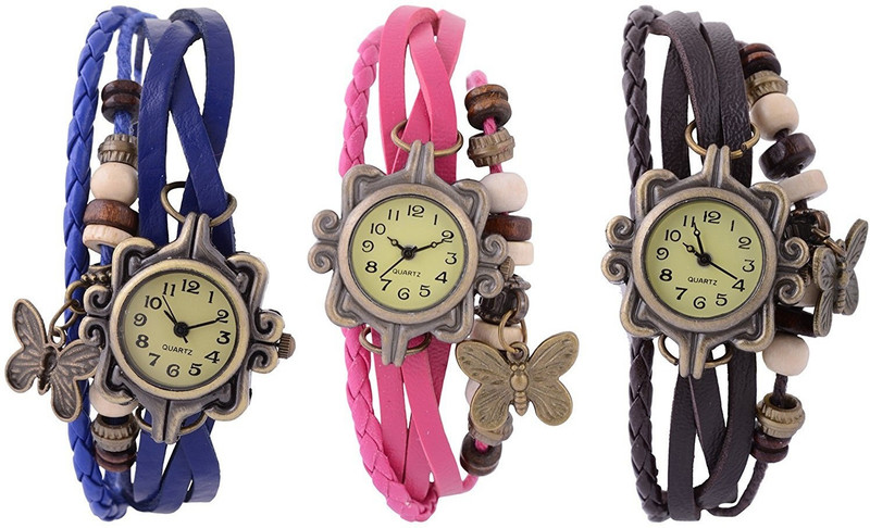 Rokcy Vintage Look Butterfly Analogue Beige Dial Girls' Watch Combo, Pack of 3 - BFLY_BRBUP Analog Watch - For Girls