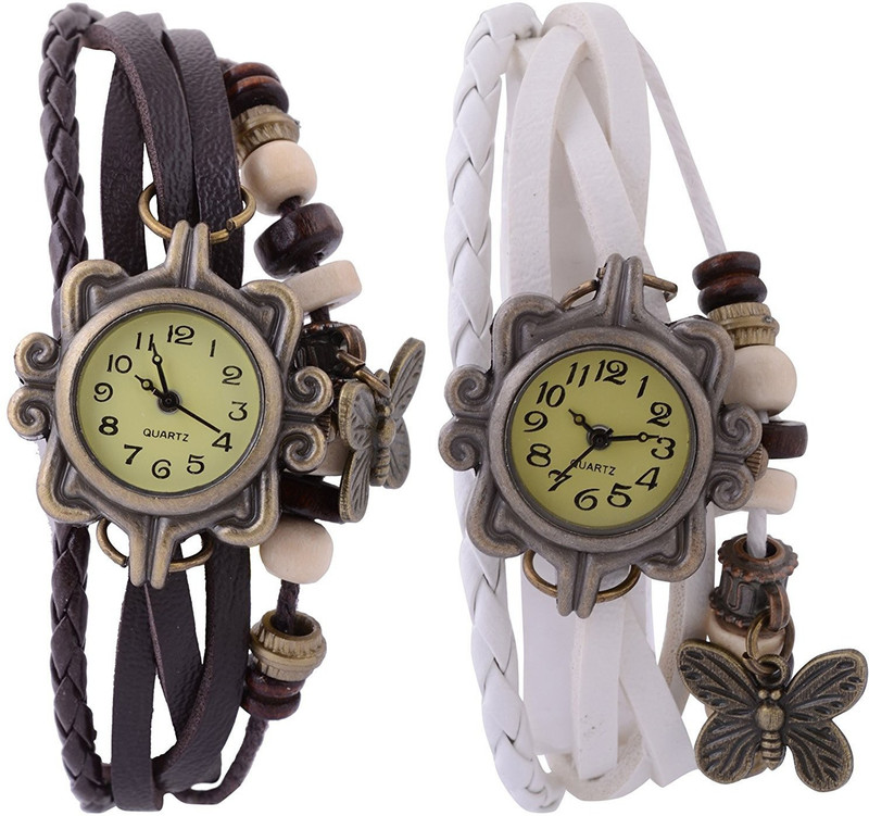 Rokcy Vintage Look Butterfly Analogue Beige Dial Girls' Watch Combo, Pack of 2 - BFLY_2 Analog Watch - For Girls
