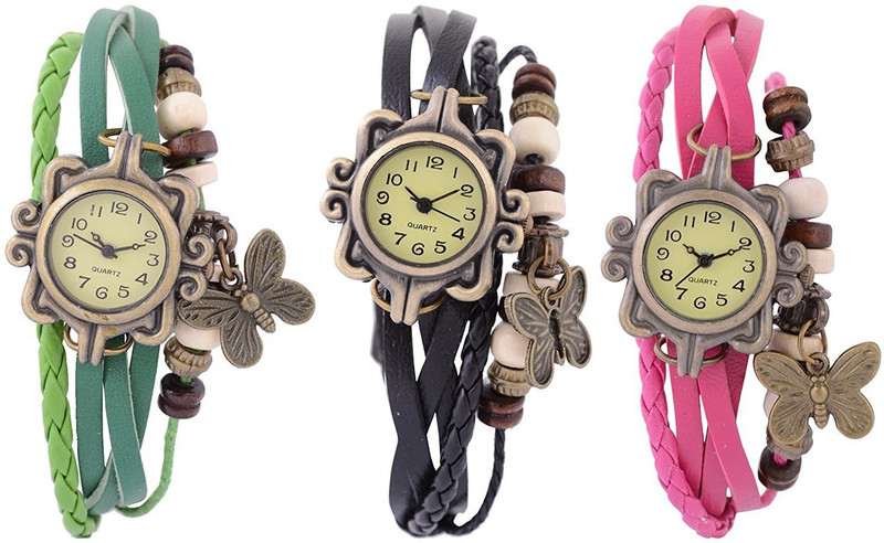 Rokcy Vintage Look Butterfly Analogue Beige Dial Girls' Watch Combo, Pack of 3 - BFLY_GBKP Analog Watch - For Girls