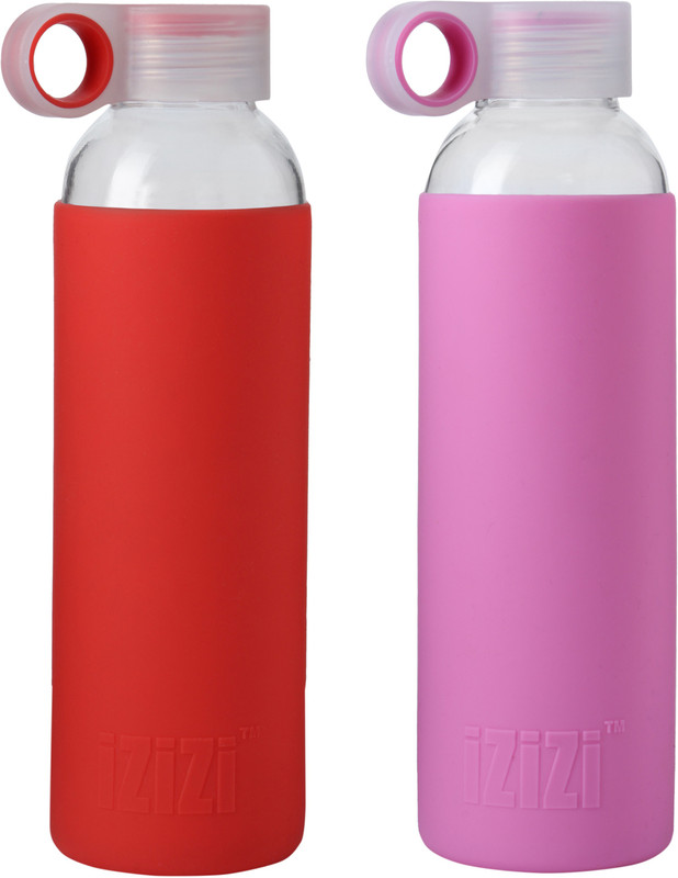 izizi Glass Bottle with Silicone Sleeve 500 ml Water Bottles(Set of 2, Pink, Red)