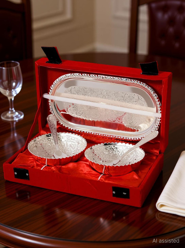 Being Nawab Pack of 5 Silver Plated Silver Handcrafted Dinner Set(Red, Silver)