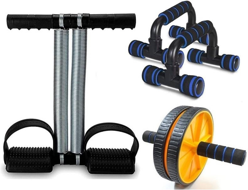 Khargadham Tummy Trimmer with AB Roller & Push Up Bars Stand for Home Gym Workout Combo Kit Ab Exerciser(Black, Blue)