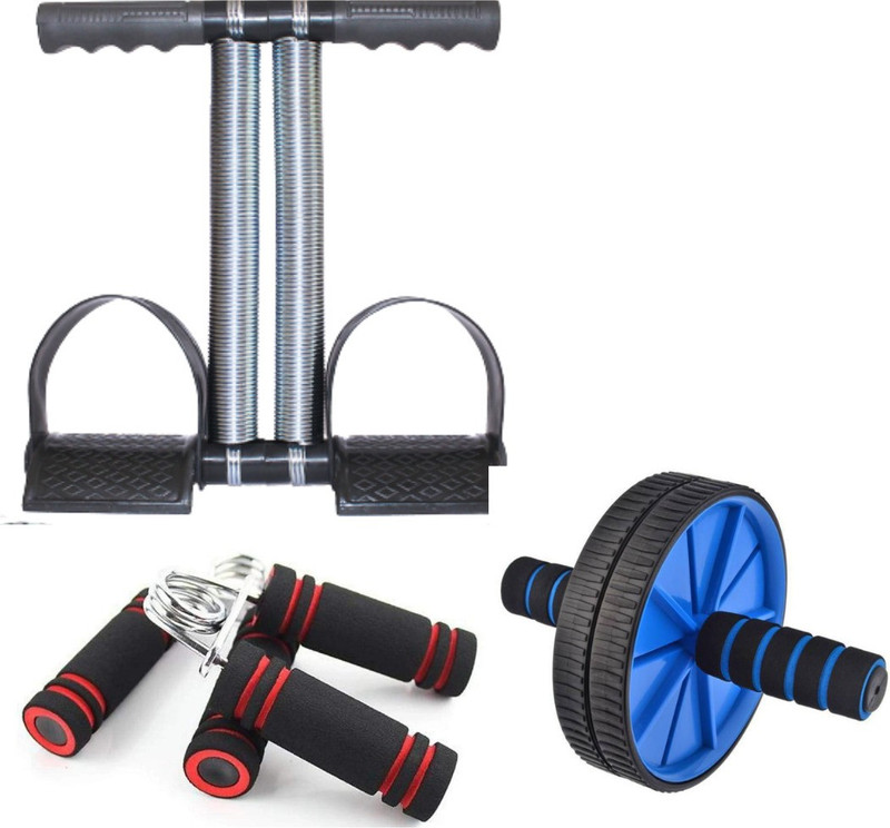 AJRO DEAL COMBO OF DOUBLE TUMMY TRIMMER WITH AB WHEEL WITH SKIPPING ROPE AND FOAM HAND GRIP Ab Exerciser(Black)