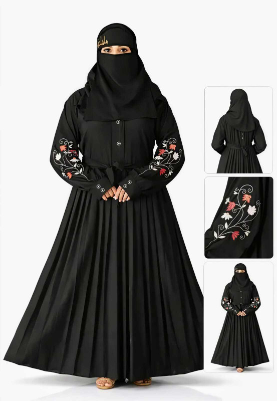 MIRDRESSES Cotton Blend Solid Abaya With Hijab(Black)