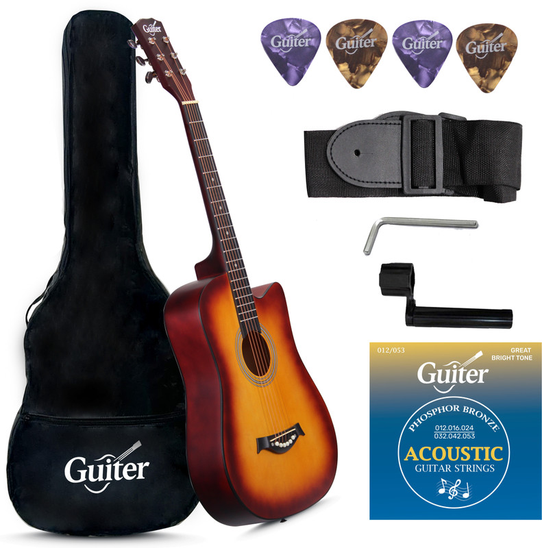 Guiter OTG-38CG Acoustic Guitar Kit, 38-Inch Cutaway -With ,TRUSS ROD & Accessories Acoustic Guitar Linden Wood Rosewood Right Hand Orientation(Brown)