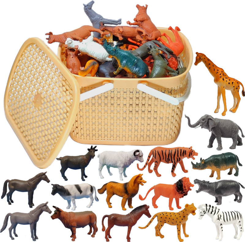 BABRO Animal Toy Set for Kids, Bucket with Farm & Wild Rubber Animal Toy Set (16 Pcs)(Multicolor)