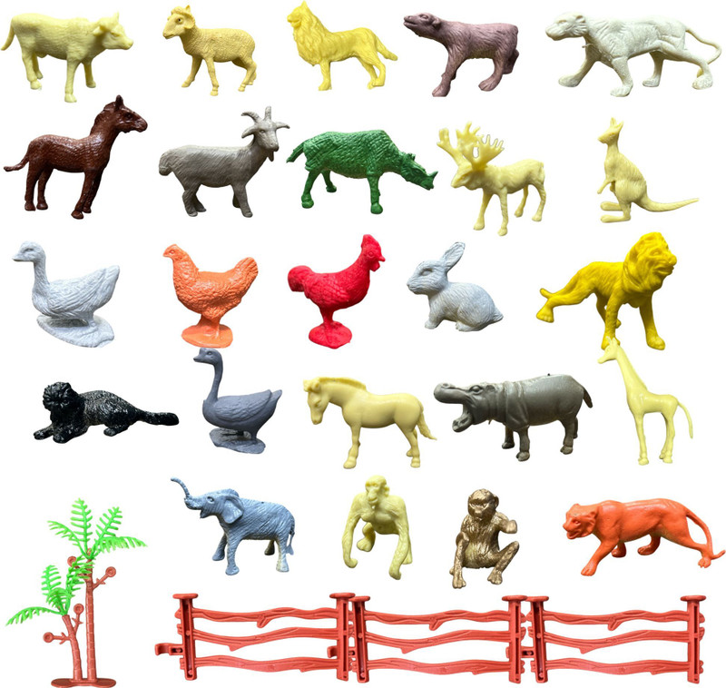 ZESTHOME 24 Mini Animal Toy Set for Kids – Small Farm Wild Animals with 1 Tree & 3 Fence(Multicolor)