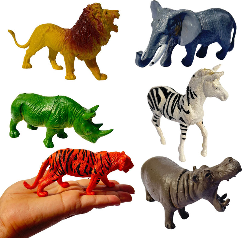 LA Toys Medium Sized Animal Toys for Kids Lion, Tiger, Elephant, Rhino, Hippo & Zebra(Multicolor)