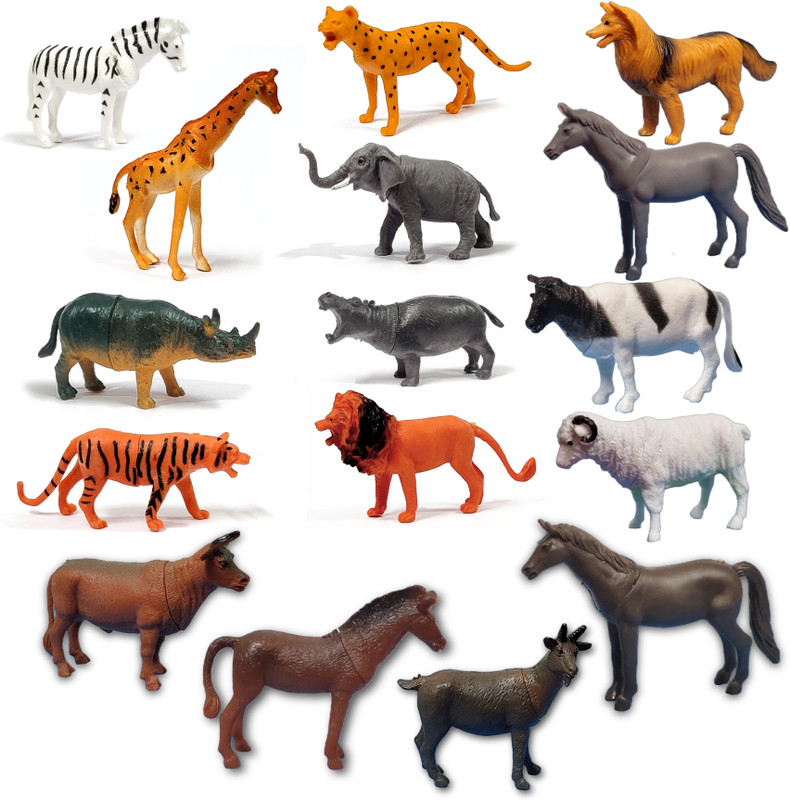 BABRO Animal Toy Set for Kids, Bucket with Farm & Wild Rubber Animal Toy Set (16 Pcs)(Multicolor)